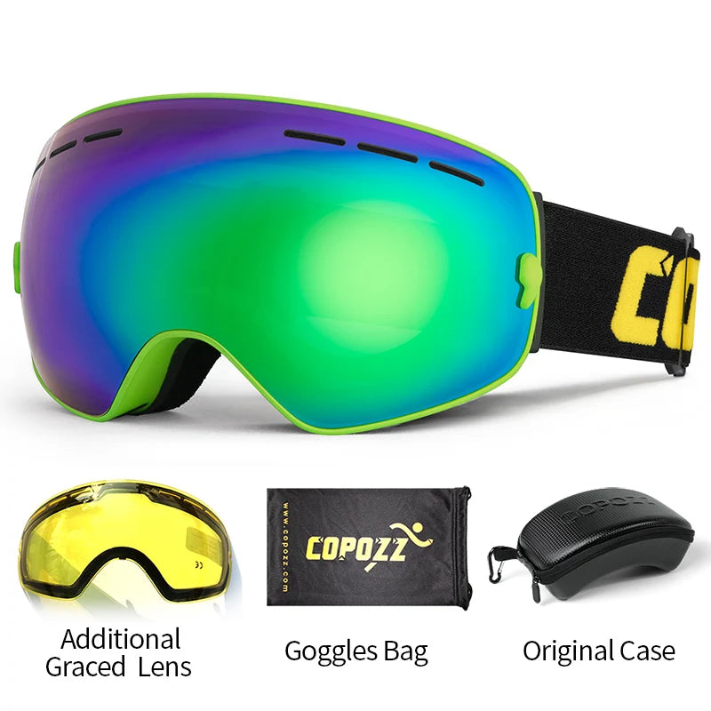 COPOZZ brand ski goggles 2 layer lens anti-fog UV400 day and night spherical snowboard glasses men women skiing snow goggles Set