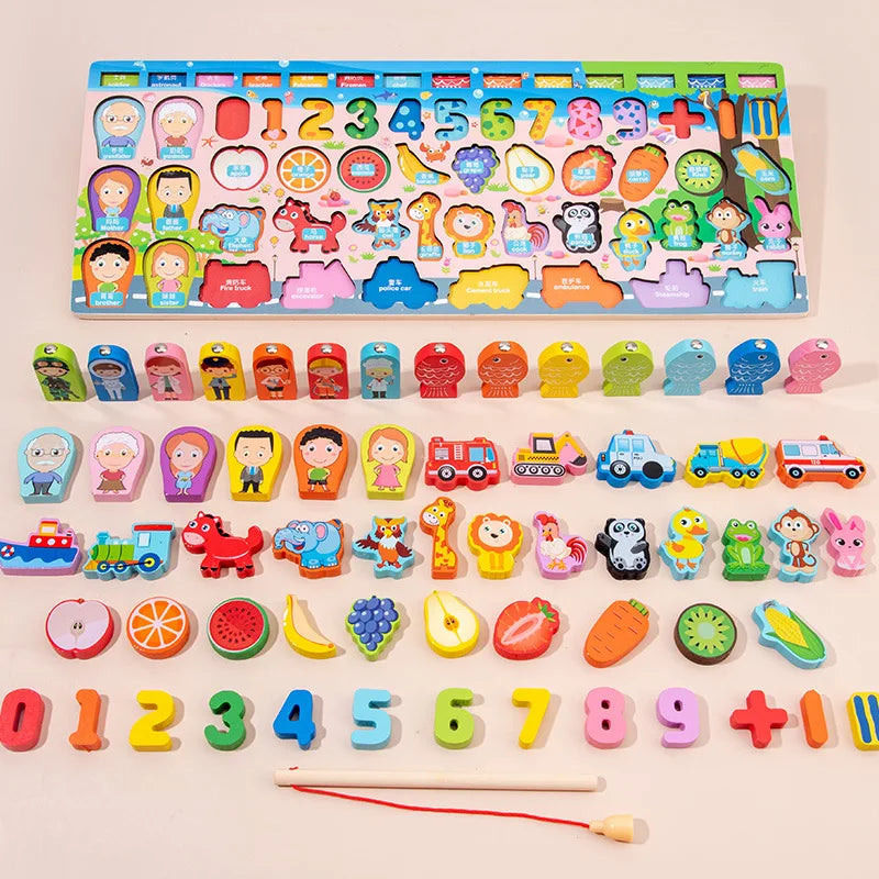 QWZ Kids Montessori Educational Wooden Math Toys Children Busy Board Count Shape Colors Match Fishing Puzzle Learning Toys Gifts