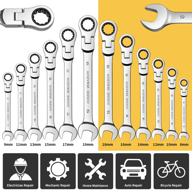 Flexible Pivoting Head Ratchet Wrench Spanner Garage Metric hand Tool 6mm-24mm For auto and Home Repair 1pcs