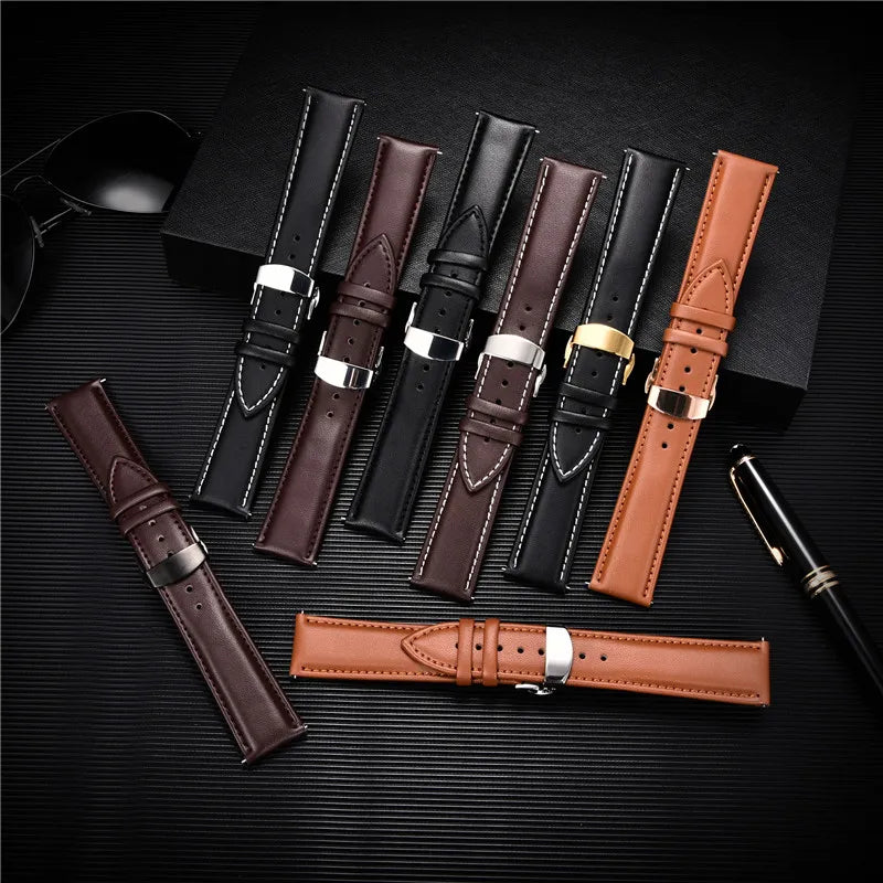 Smooth Genuine Calfskin Leather Watchband 18mm 20mm 22mm 24mm Straps with Solid Automatic Butterfly Buckle Business Watch Band