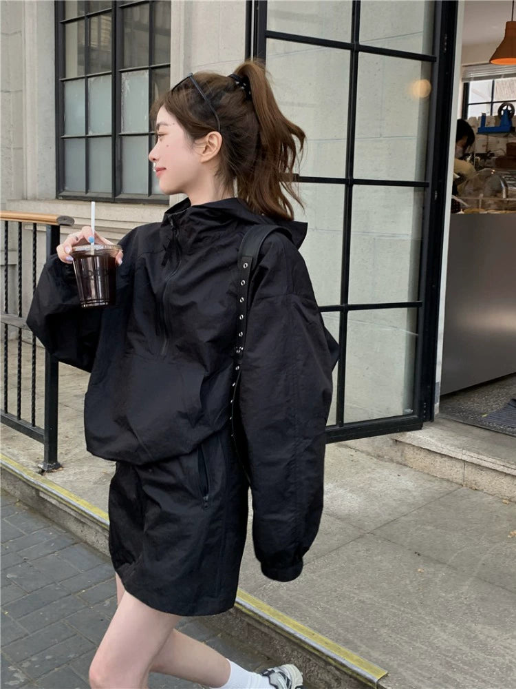 Athleisure Hooded Black Parka Short Skirt Shell Jacket