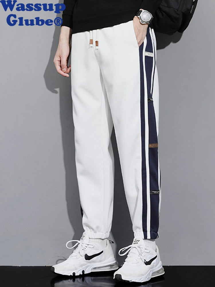 Wassupglube Men Casual Pants Spring and Autumn Fashion Brand Popular Stripes Loose-Fit Tappered Trousers Mid-Waist Sports Pants