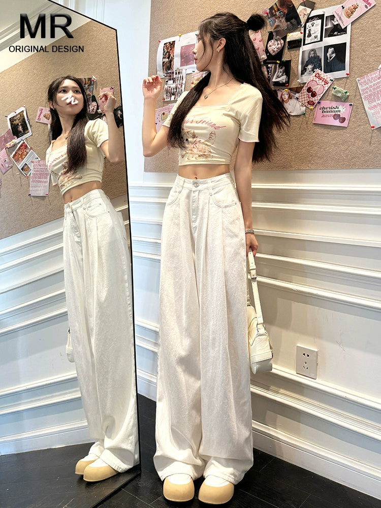 White Wide Leg Spring Fancy Casual Denim