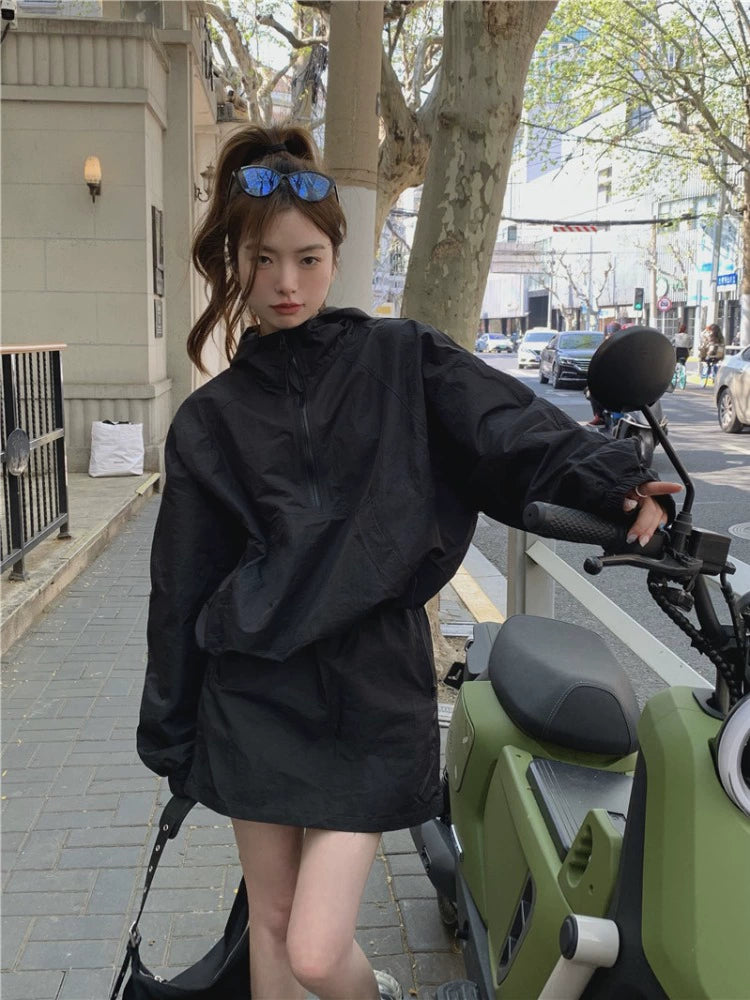 Athleisure Hooded Black Parka Short Skirt Shell Jacket