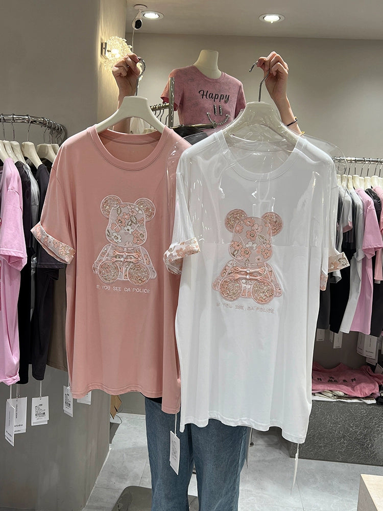 T-shirt Tops Bear Casual Short Sleeve Sequin Embroider