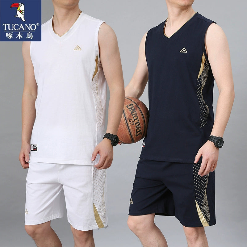 Woodpecker Pure Cotton Sports Suit Men's Summer Casual Plus Size Sleeveless Vest V Neck Straight-leg Fifth Pants Basketball Wear