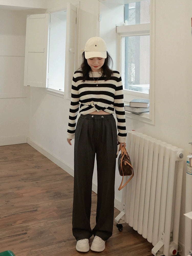 Spring New Arrival Two Colors Loose High Waist Straight Pants Drawstring