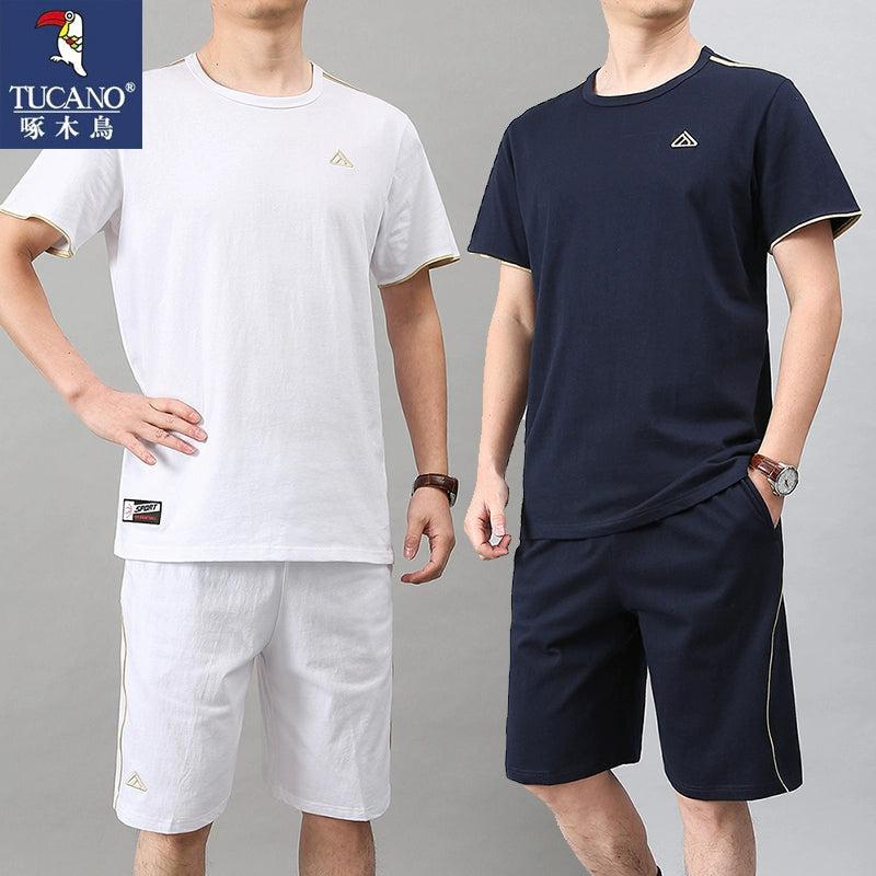 Woodpecker Pure Cotton Sports Suit Men Summer Casual Plus Size Loose round Neck Short Sleeve T-shirt Straight-leg Shorts