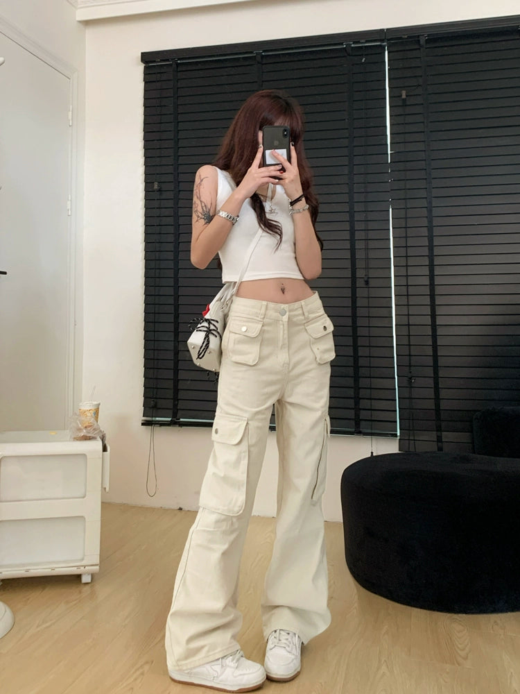 Retro White Straight-Cut Wide Leg High Waist Casual Working Pants