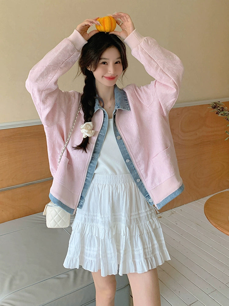 Chic Pink Denim Anti-Aging Casual Jacket Fake Two-Piece