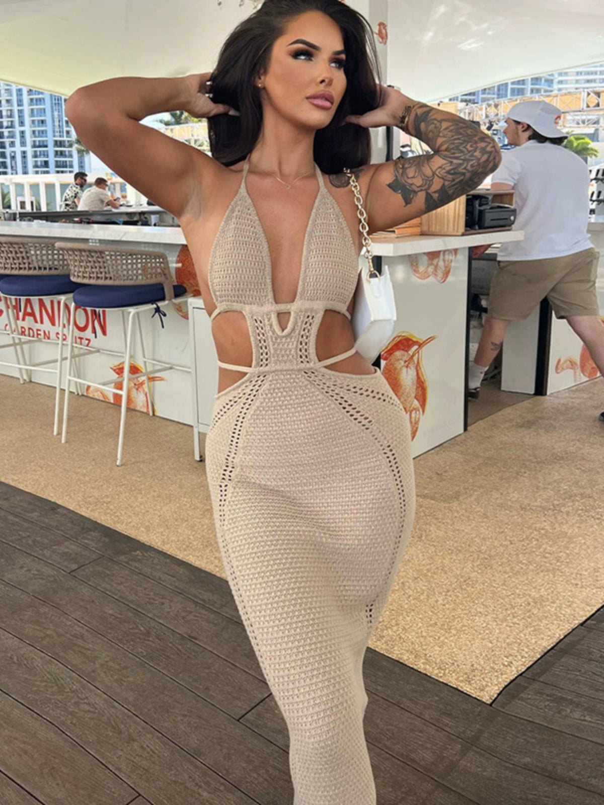 European and American Women's Clothing Low Cut V Neck Halter Backless Cut Out Sexy Hip Skirt See-through Knitted Dress Pure Desire Beach Dress