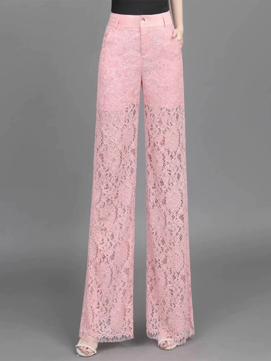 Pink Lace Loose Pants Female 2024 Summer Thin High Waist Slim Looking Drape Fancy Straight Casual Pants