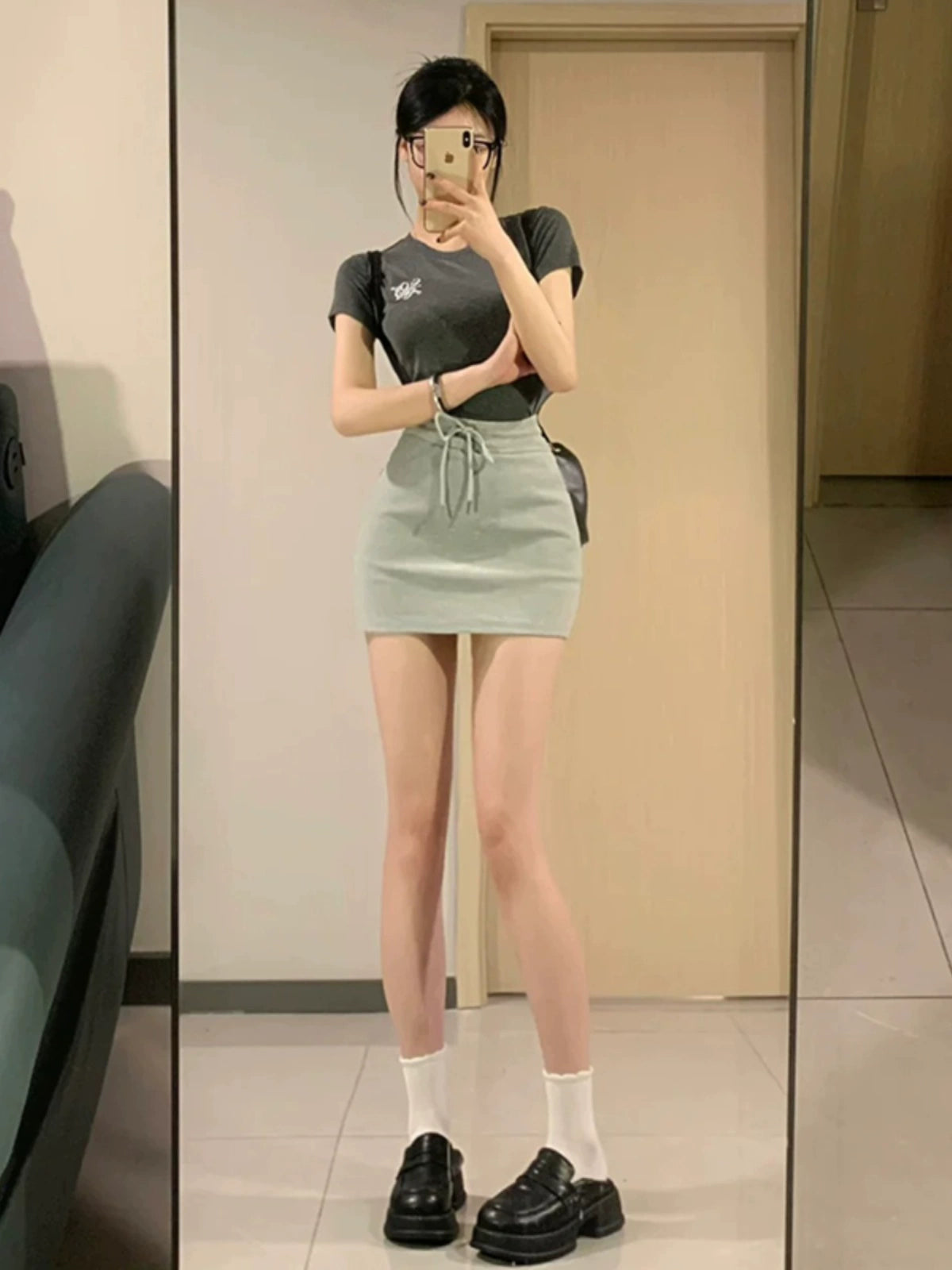 Gray Sexy Skirt Female 2024 Spring American Sports Drawstring High Waist Casual Easiest for Match A- line Hip-Wrapped Skirt