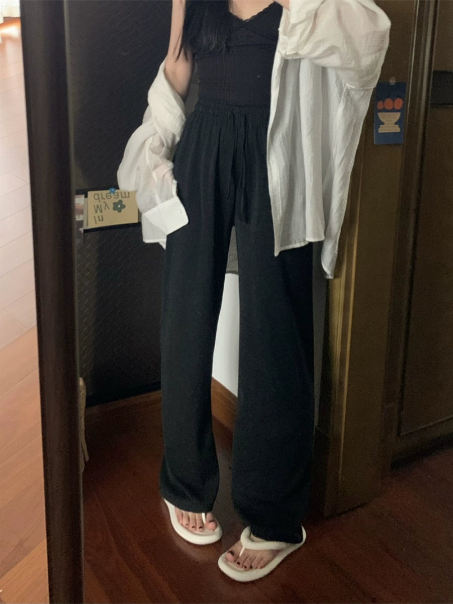 Black Spring Loose Wide Leg Mop Pants Drawstring