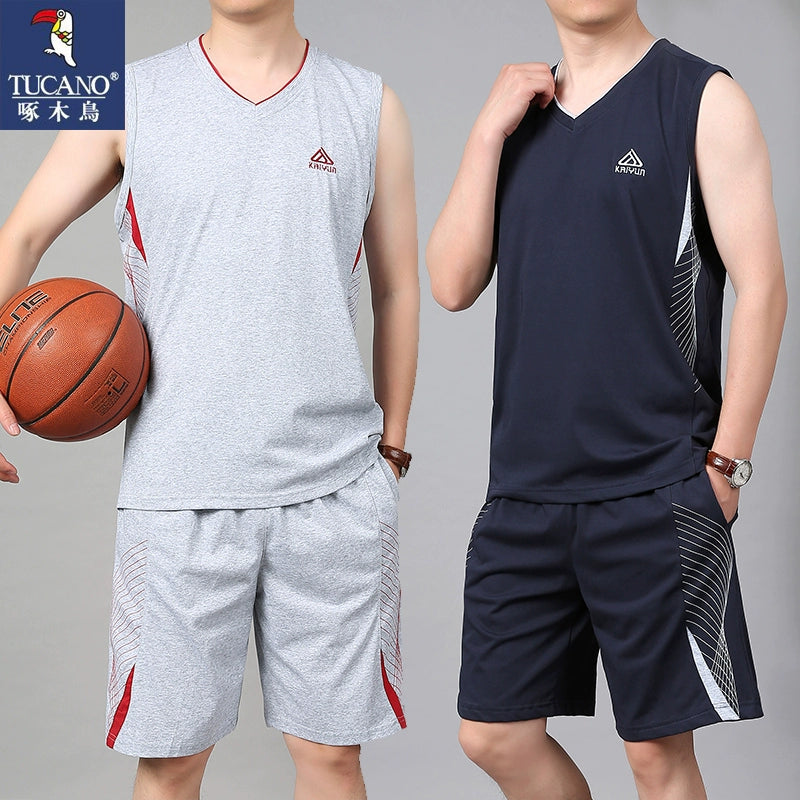 Woodpecker Plus Size Sports Suit Men Summer Casual Sleeveless Vest Straight-leg Half Length Short Fitness Basketball Wear