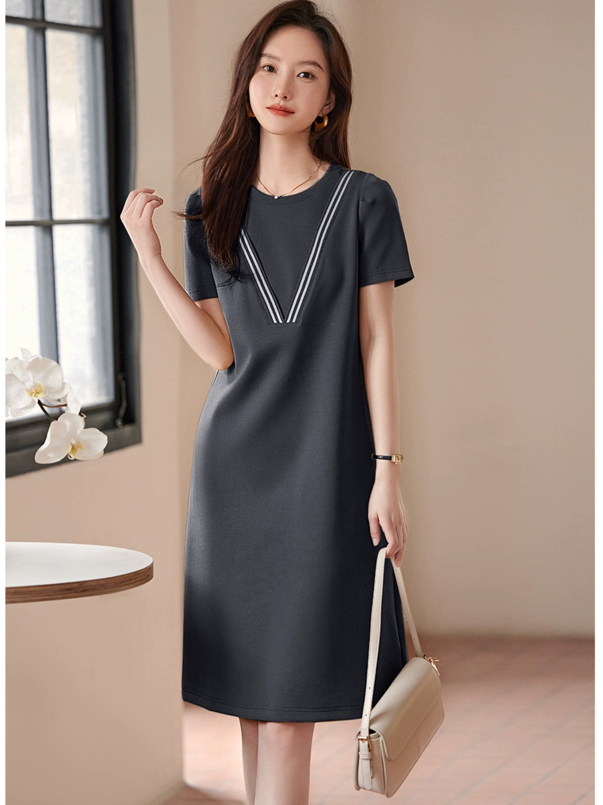 Xwi Ribbon Summer Casual Slim Looking Short Sleeve Dress