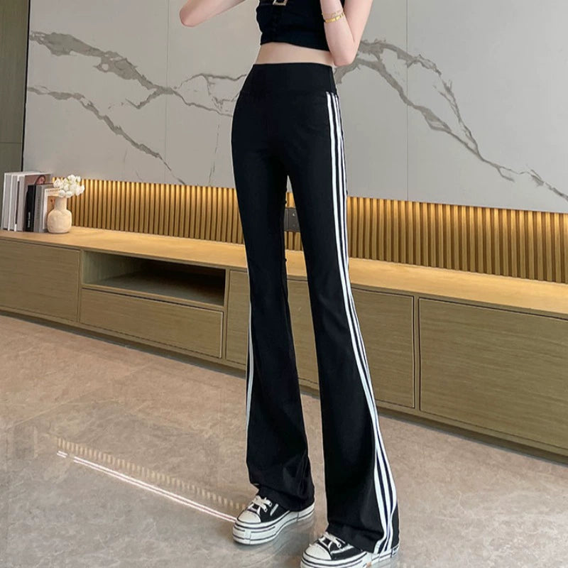 Side Stripes Three Bars Yoga Bootcut Trousers High Waist Slim Looking Small 2024 Spring and Summer New Arrival Sports Horn Women's Pants