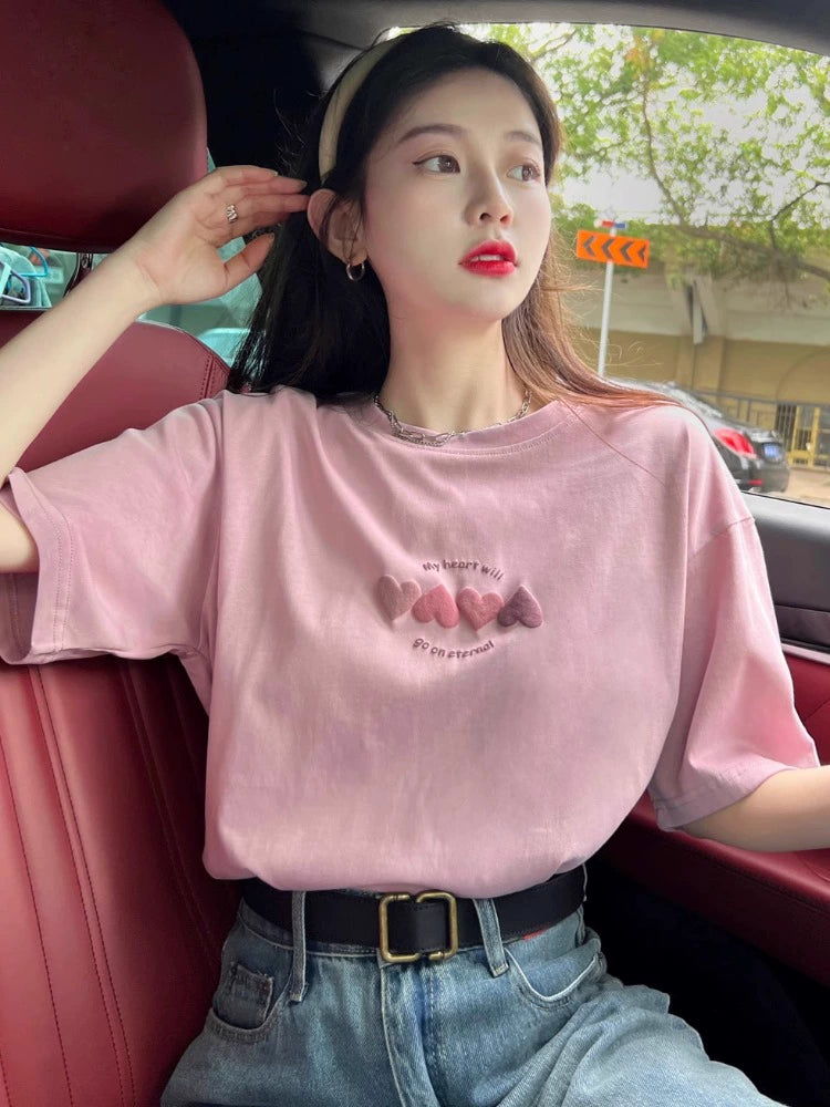 Women's Thin Print Loose Short-Sleeved Pink Bottoming Shirt