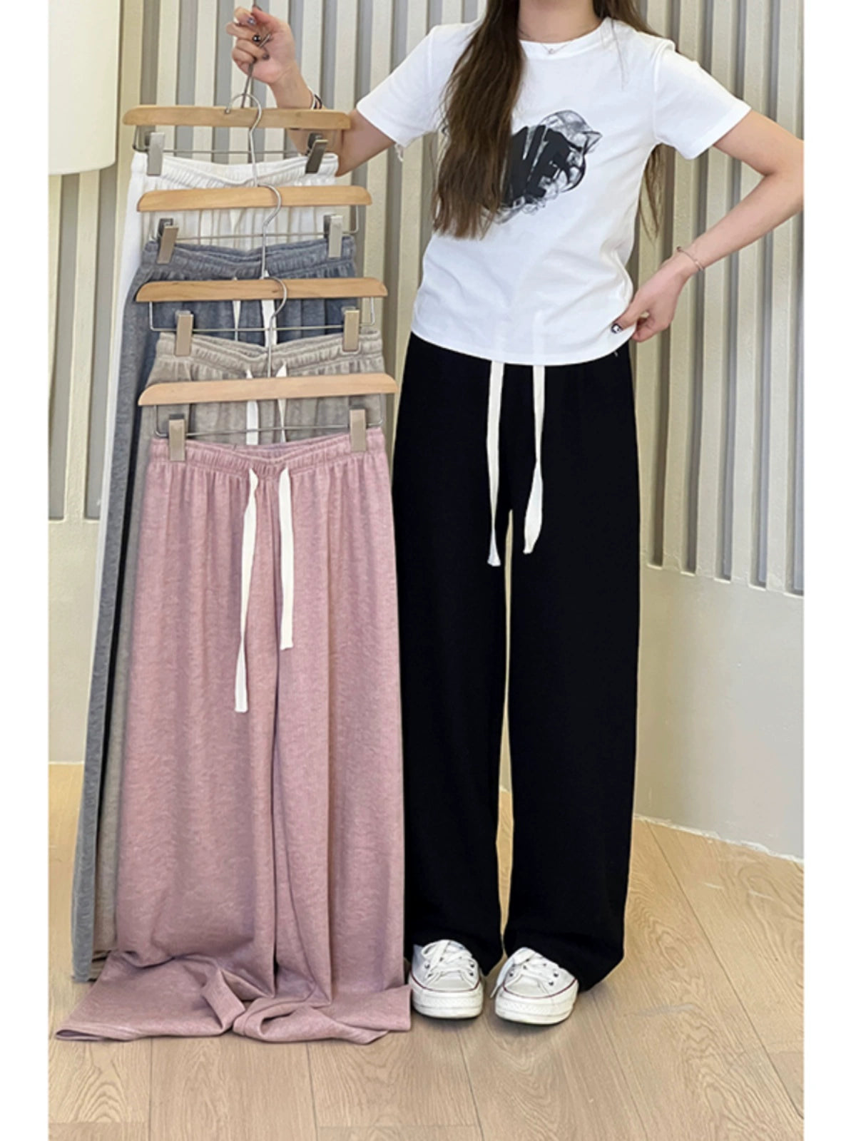 Fashion Solid Color Lace-up K-style Elastic Waist Pants Drawstring