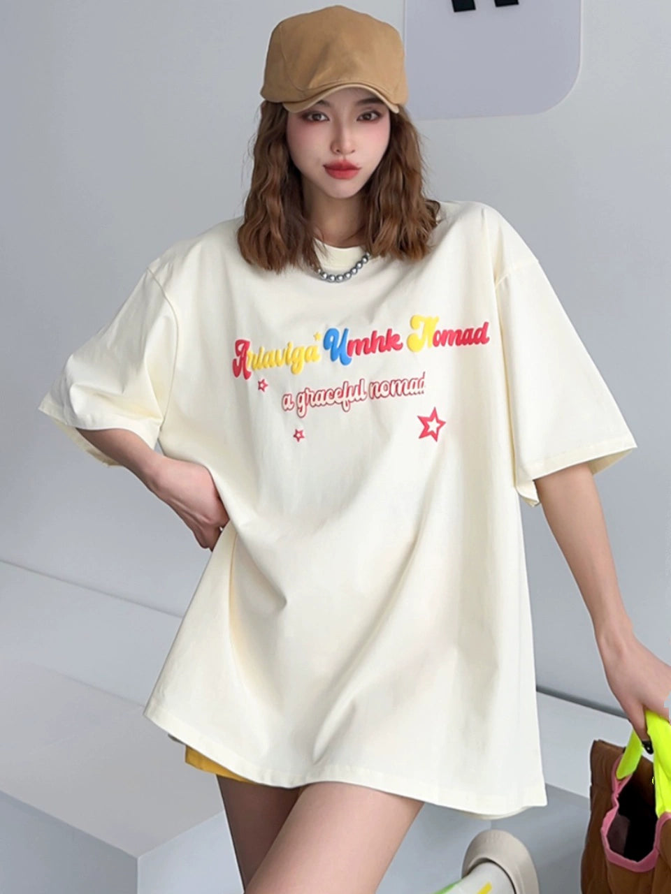 European Goods Large Version Fun Graffiti Starry Loose Oversize Short Sleeve T-Shirt Women Summer Petite Top Women