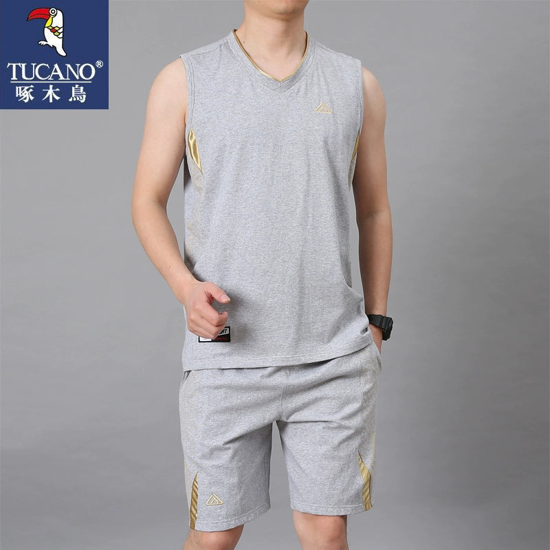 Woodpecker Pure Cotton Sports Suit Men's Summer Casual Plus Size Sleeveless Vest V Neck Straight-leg Fifth Pants Basketball Wear