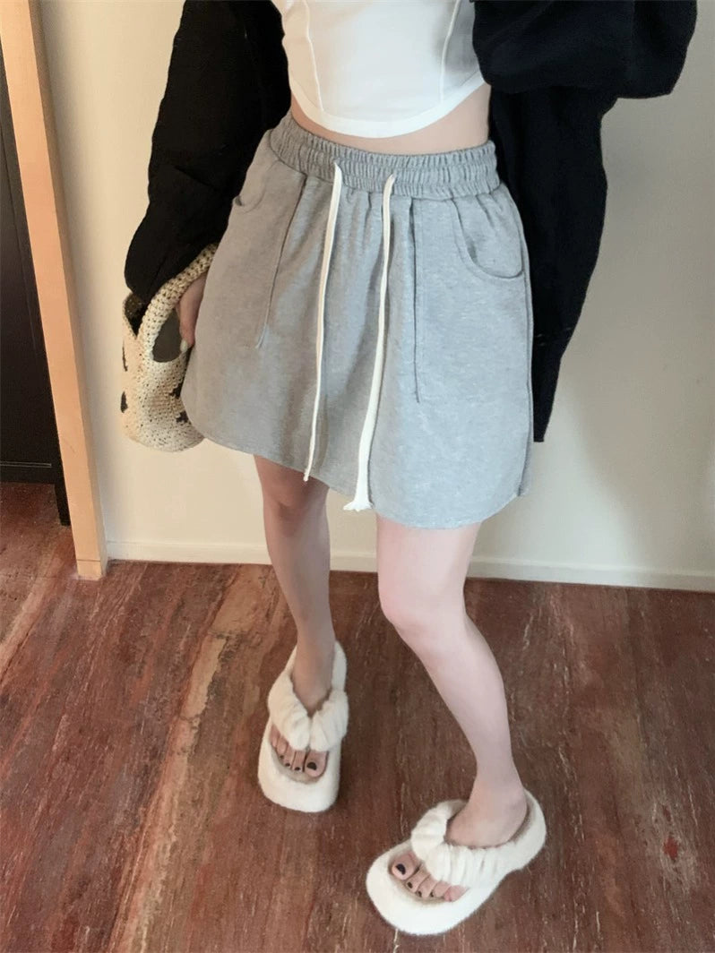 Gray Drawstring High Waist Sexy Casual Sports Skirt