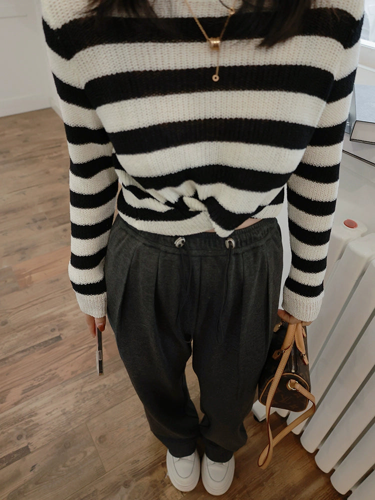 Spring New Arrival Two Colors Loose High Waist Straight Pants Drawstring