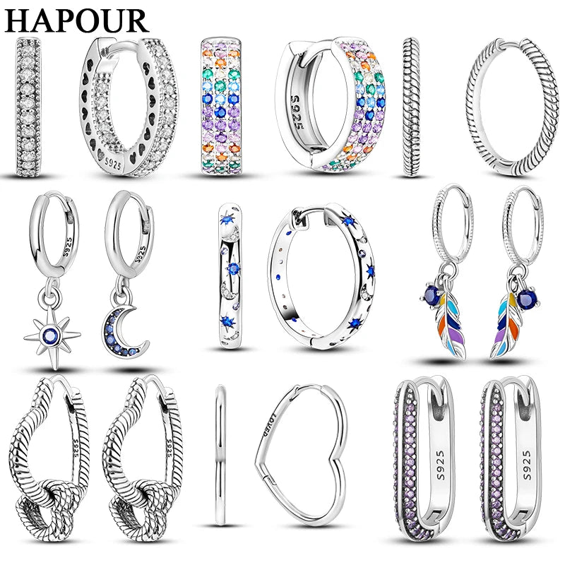 HAPOUR 925 Silver Women Hoop Earrings Fashion Pendientes Gift For Female Girl Sparkling Pave CZ U Heart Shape Star Moon Earring