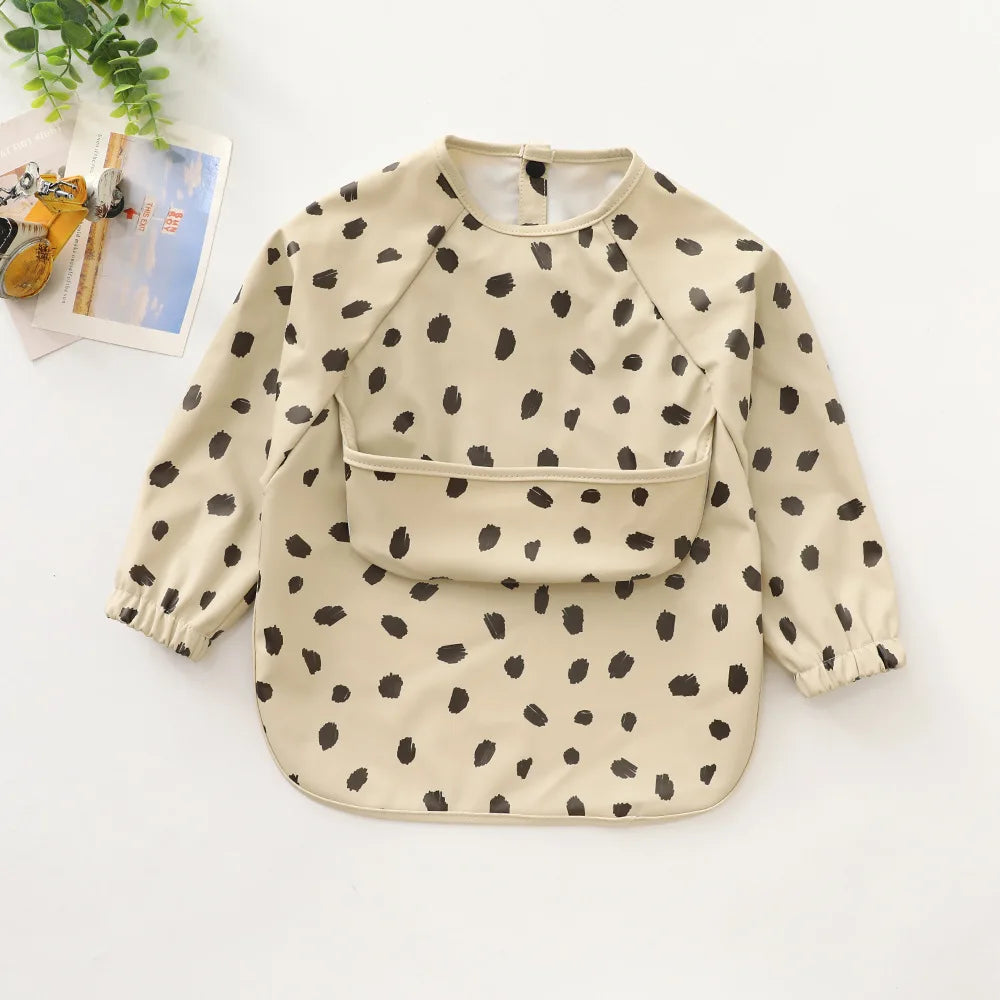 New Children Feeding Aprons Long Sleeve Baby Bib With Pocket Full Cover Kid Gown With Bag Waterproof Long-Sleeve Smock