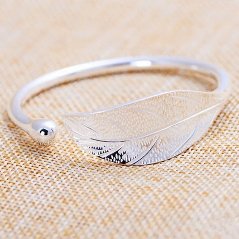 Fashion 925 Sterling Silver Woman Cuff Bracelet Open Leaf Shaped Adjustable Charm Bangle Girls Party Jewelry Christmas Gifts