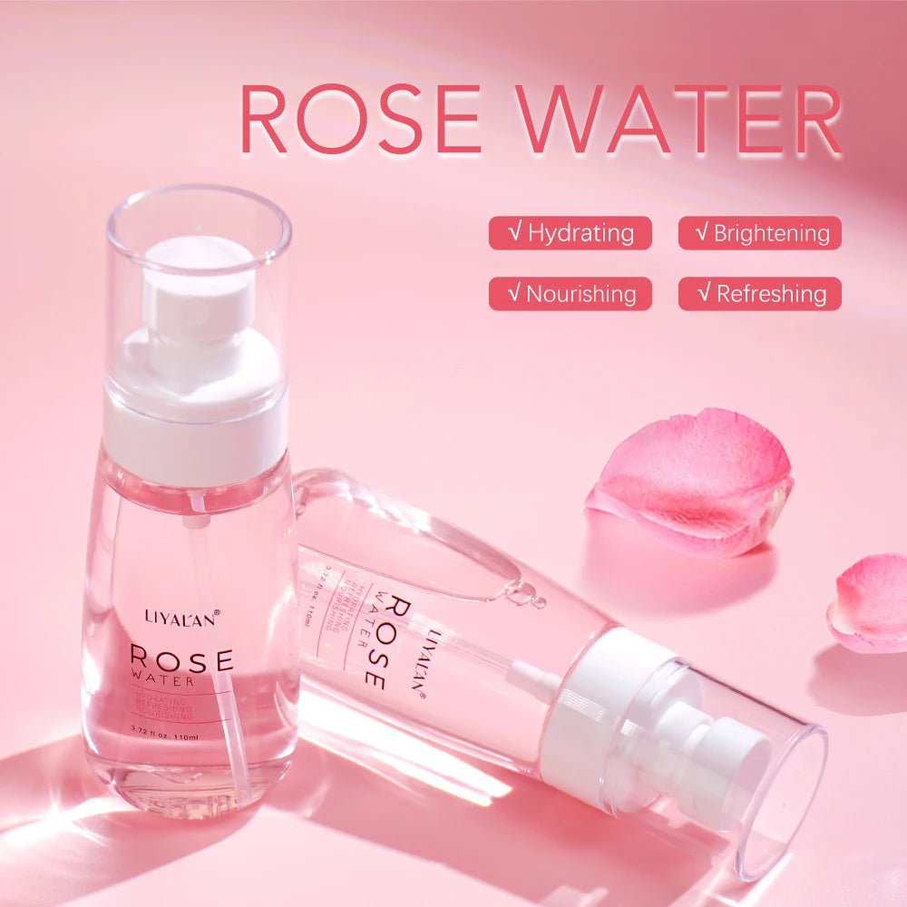 LIYALAN Rose Water Dry Skin Moisturizing Firming Toner For Face Skin Care Hydrating Facial Mist Refreshing Pores Shrink Spray