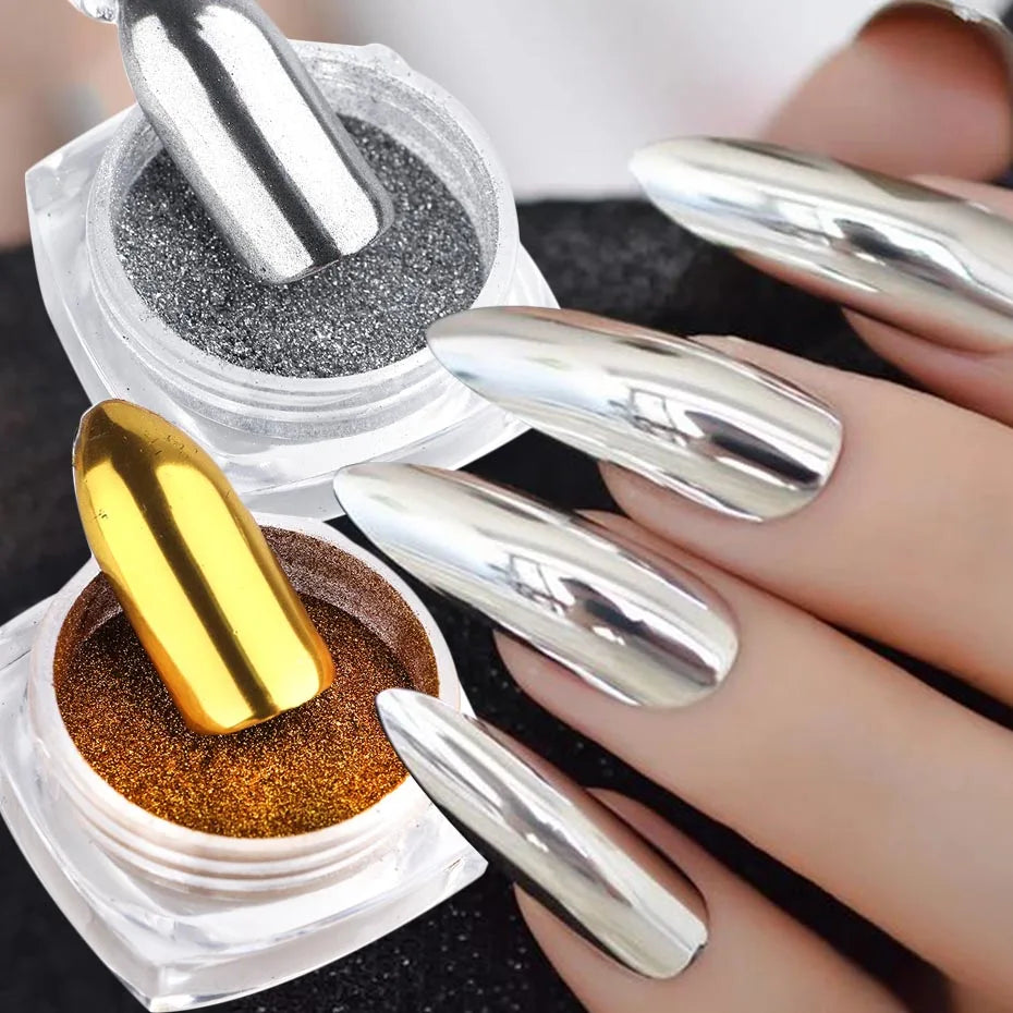 2pcs Nail Mirror Glitter Powder Gold Silver Metallic Effect Pigment Gel Polish Chrome Flakes Dust Holographic Decoration NFC000