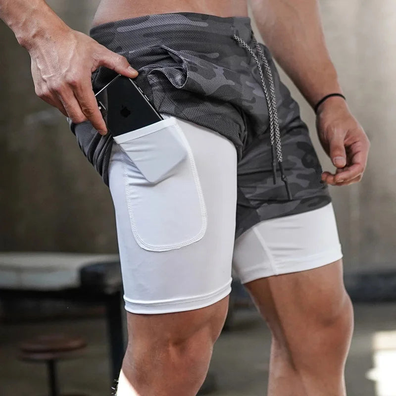 Running Shorts Men Sportswear 2 In 1 Compression Jogging Short Pants Double-deck Bottoms Gym Fitness Training Sport Shorts