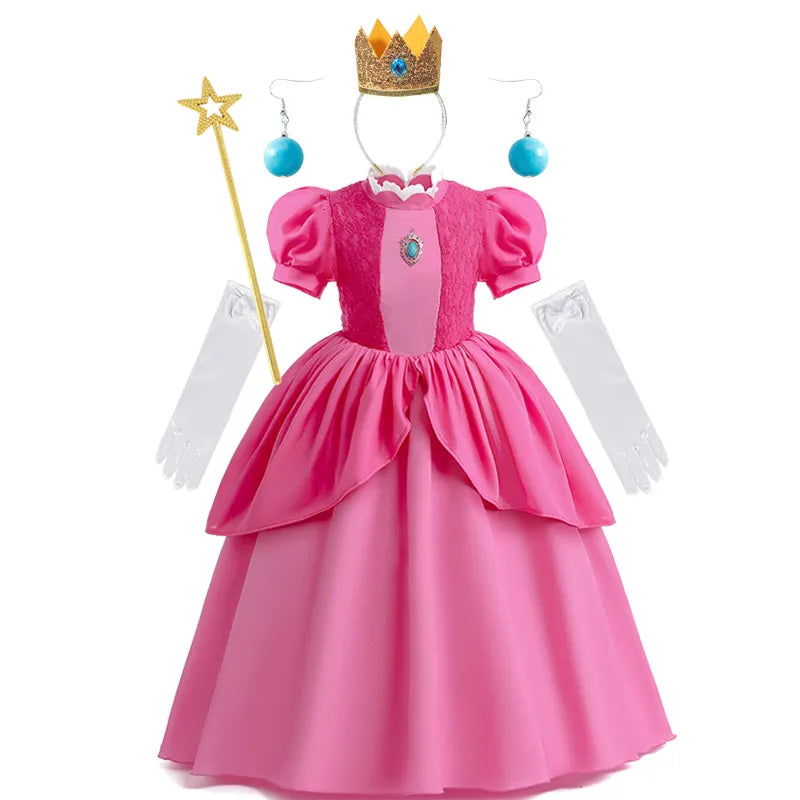 New Baby Girls Queen Peach Princess Dress Kids Cosplay Costume Children Birthday Carnival Party Outfit Stage Performance Clothes