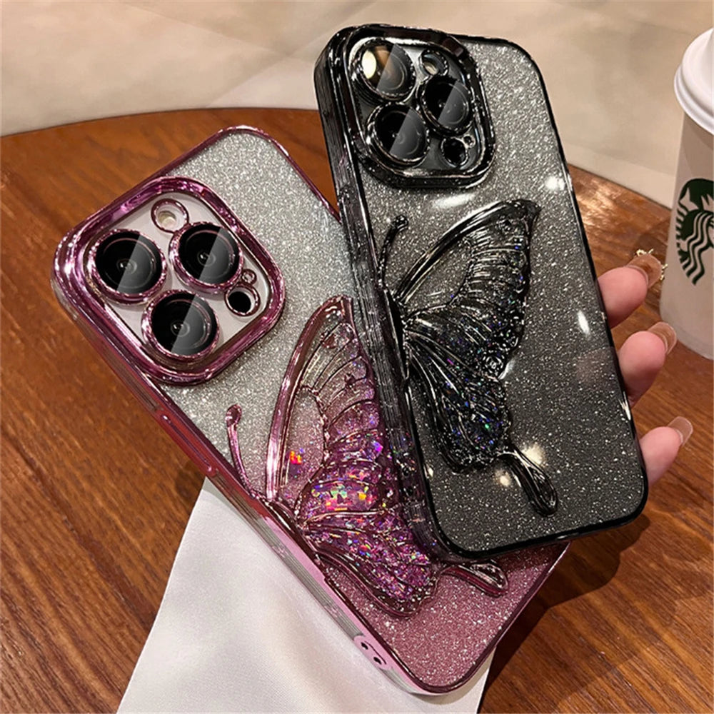 Gradient Glitter Butterfly Quicksand Plating Clear Phone Cases for iPhone 15 11 12 13 14 Pro Max Shockproof Soft Silicone Cover