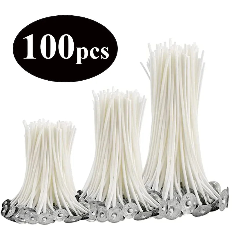 100pcs Smokeless Candle Wicks 2.6-20cm Pre-Waxed Cotton Core Wicks with Metal Sustainer Tabs DIY Handmade Candle Making Tools