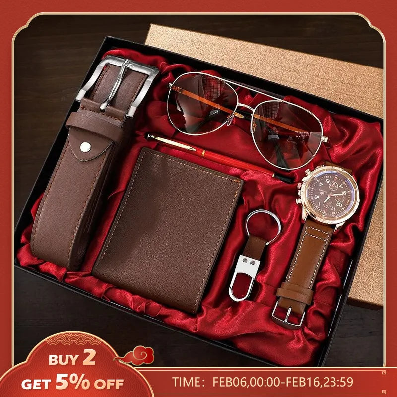 SHAARMS Men Gift Watch Business Luxury Company Mens Set 6 in 1 Watch Glasses Pen Keychain Belt Purse Welcome Holiday Birthday