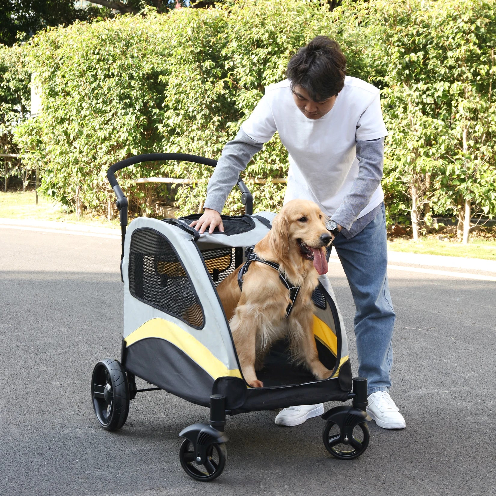 Dog Stroller Ultra-large 4 Wheels Pet Jogger Wagon Foldable Cart Travel Trolley Outdoor Animal Carrier Load Up To 55kg