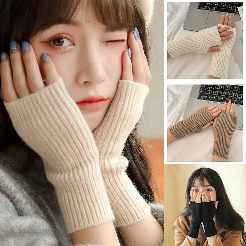 Solid Half Finger Gloves for Women Winter Soft Warm Wool Knitting Arm Gloves Writting Warm Mittens Handschoenen Guantes