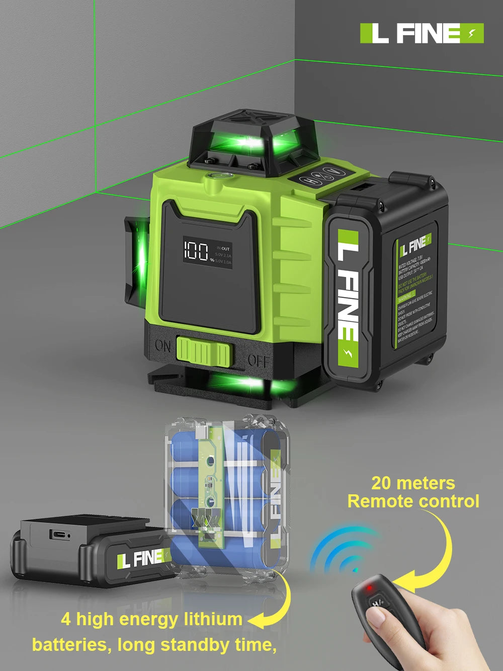 LFINE 3D/4D Laser Level 12/16 Lines Horizontal And Vertical With Remote Control 8 Lines 360°Self-leveling Laser Levels