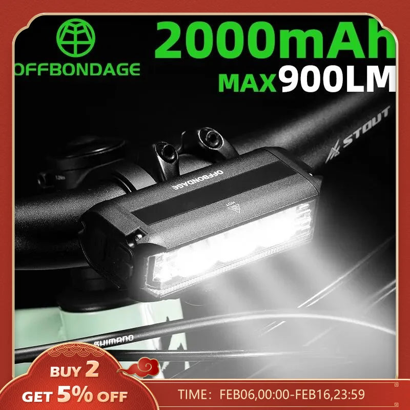 OFFBONDAGE Bicycle Light Front 900Lumen Bike Light 2000mAh Waterproof Flashlight USB Charging MTB Road Cycling Lamp