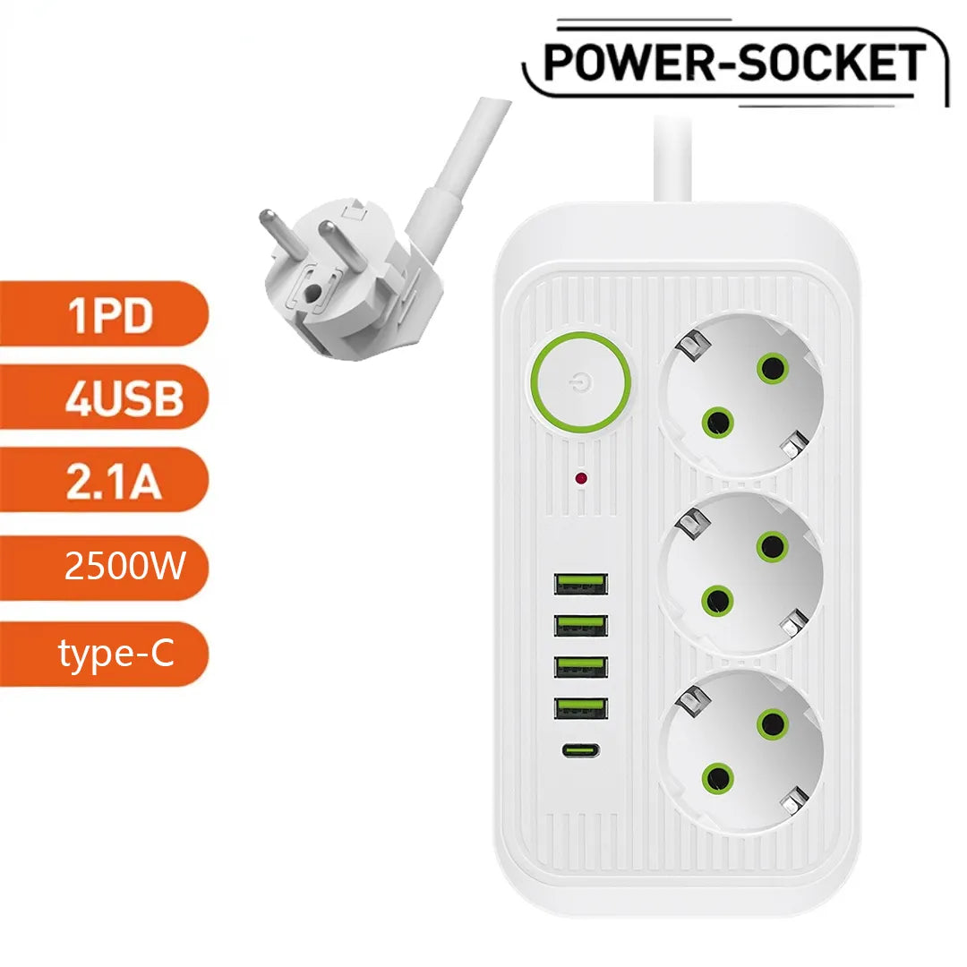 EU Plug Power Strip 2M Extension Cable Multiprise 3AC Outlets Electrical Socket with 4 USB 1 Type-C Network Filter Fast Charging