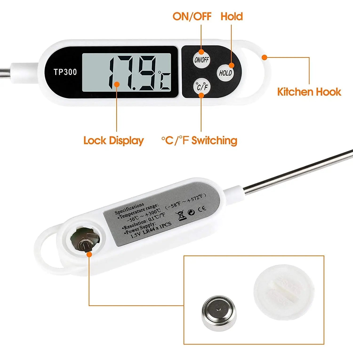 Food Thermometer Digital Meat Cooking Thermometer Instant Read Long Probe Auto Off LCD Screen Kitchen