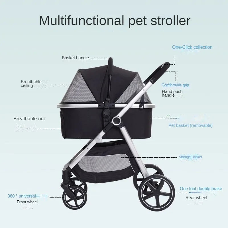 Pet Stroller for Dog and Cat, Detachable Pet Travel Carrier & Car Seat, Aluminium Frame 4 Wheeler Travel Stroller for Pets