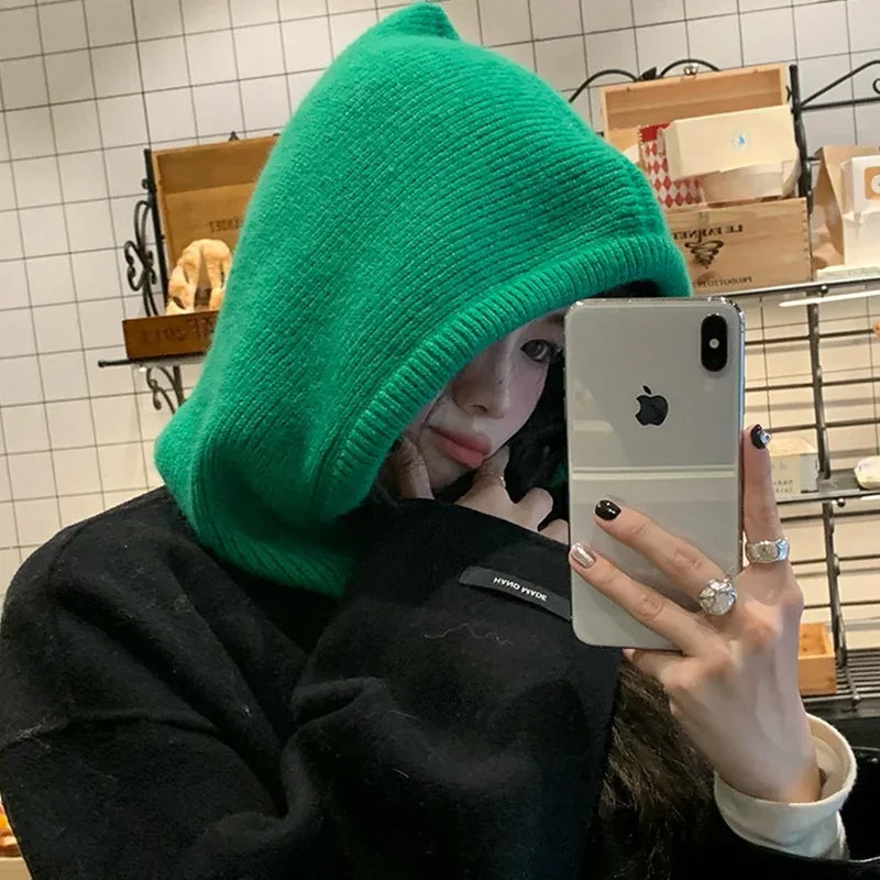 Knitted Hooded Caps Winter Balaclava Hats Women Korean Style Outdoor Warmer Drawstring Hats One-piece Neck Collar Beanies Cap