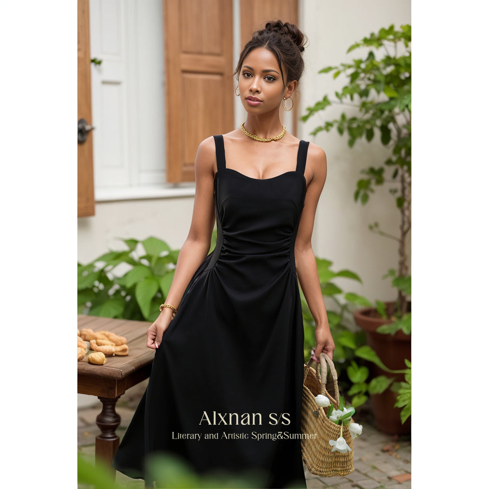 Deer South "Elegance Radian" Black Strap A- line French Dress 2024 Spring and Summer New Arrival Temperament Long Dress