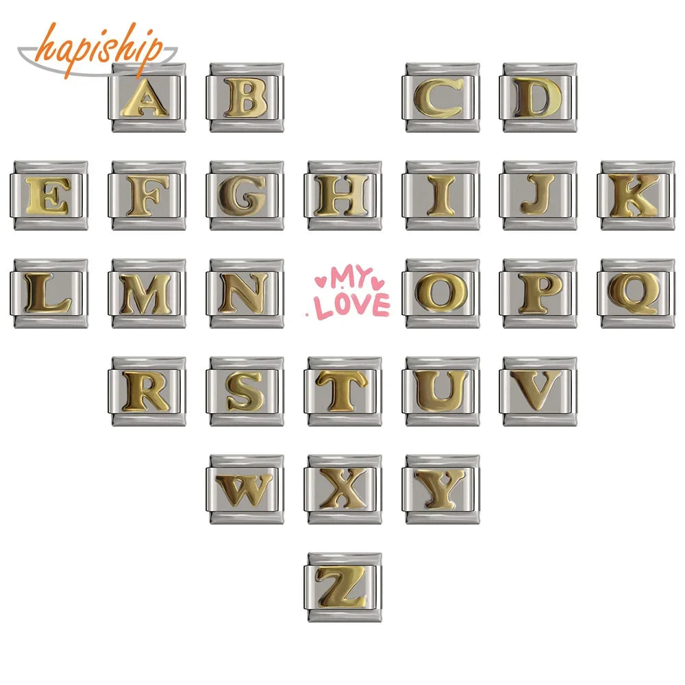 Hapiship New 2024 Fashion Women 26 Letters A-Z Italian Charm Links Fit 9mm Bracelet Stainless Steel Jewelry Making DJ110