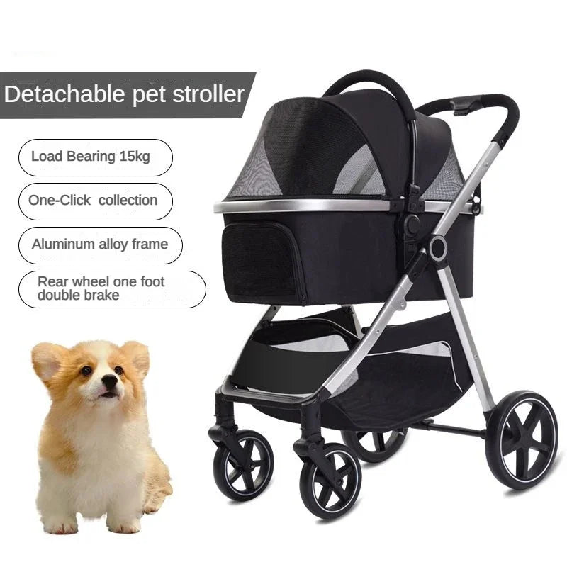 Pet Stroller for Dog and Cat, Detachable Pet Travel Carrier & Car Seat, Aluminium Frame 4 Wheeler Travel Stroller for Pets