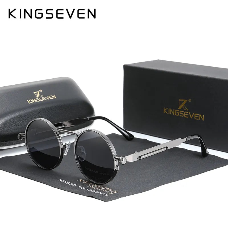 KINGSEVEN High Quality Gothic Steampunk Sunglasses Polarized Men Women Brand Designer Vintage Round Metal Frame Sun Glasses