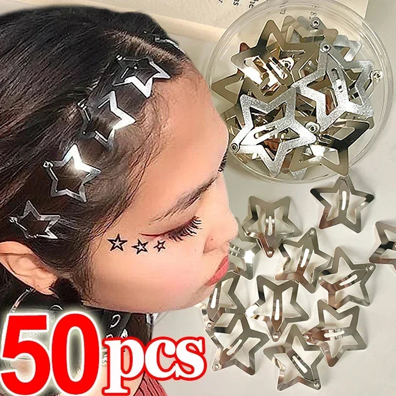 2/50Pcs Y2K Silver Star Hair Clips for Girls Filigree Star Metal Snap Clip Hairpins Barrettes Hair Jewelry Nickle Free Bobby Pin